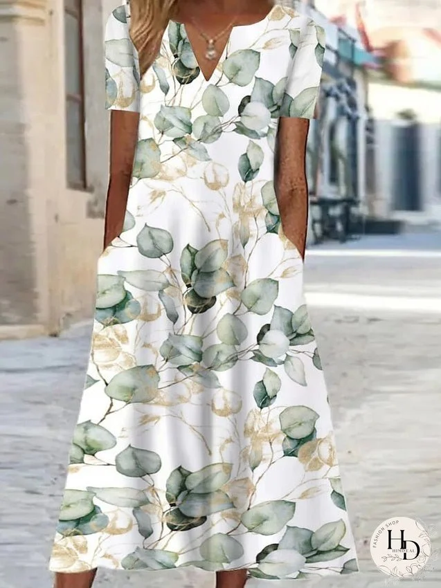 Casual Dress Shift Dress Swing Dress Floral Pocket Print V Neck Midi Dress Active Fashion Outdoor Vacation Short Sleeve Regular Fit White Royal Blue Blue Spring Summer S M L XL XXL for Women