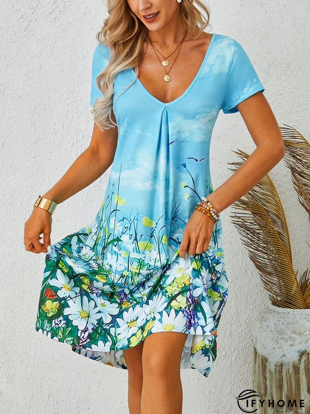 Casual Floral Loosen Short Sleeve Knit Dress | IFYHOME