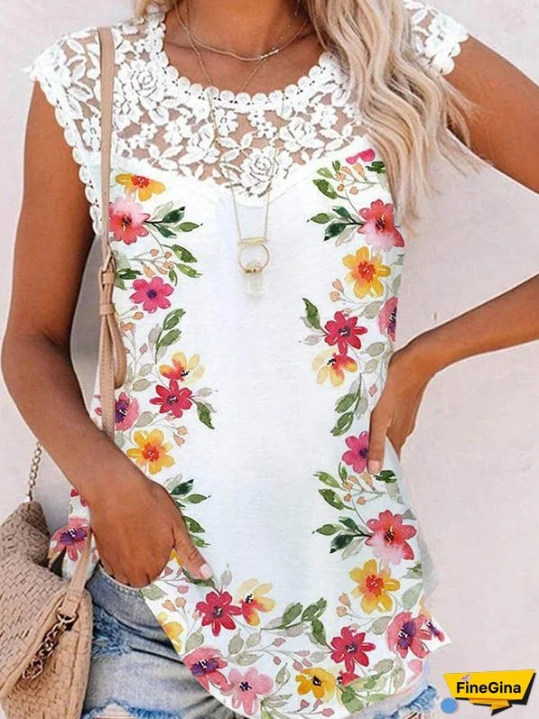 Women's Tank Tops Floral Print Crew Neck Lace Tank Top