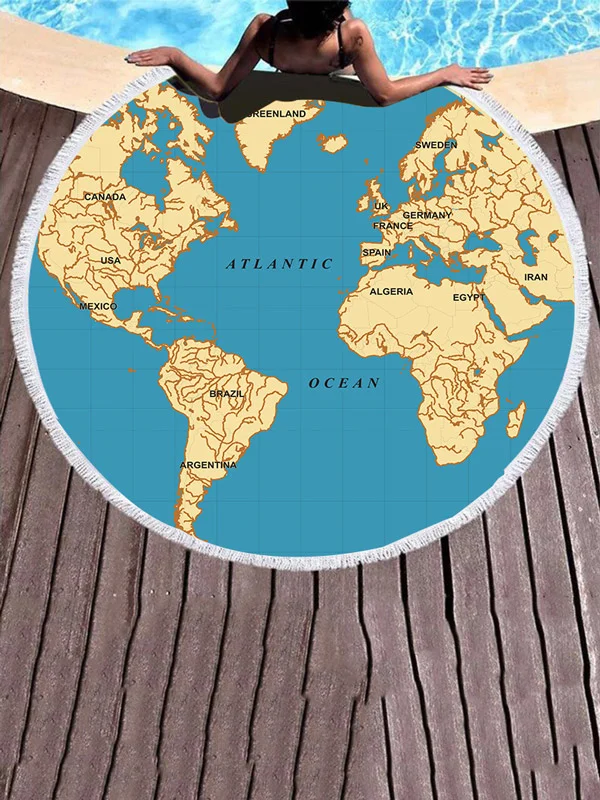 Map Earth Microfiber Printing Round Shape Tasseled Beanch Mat