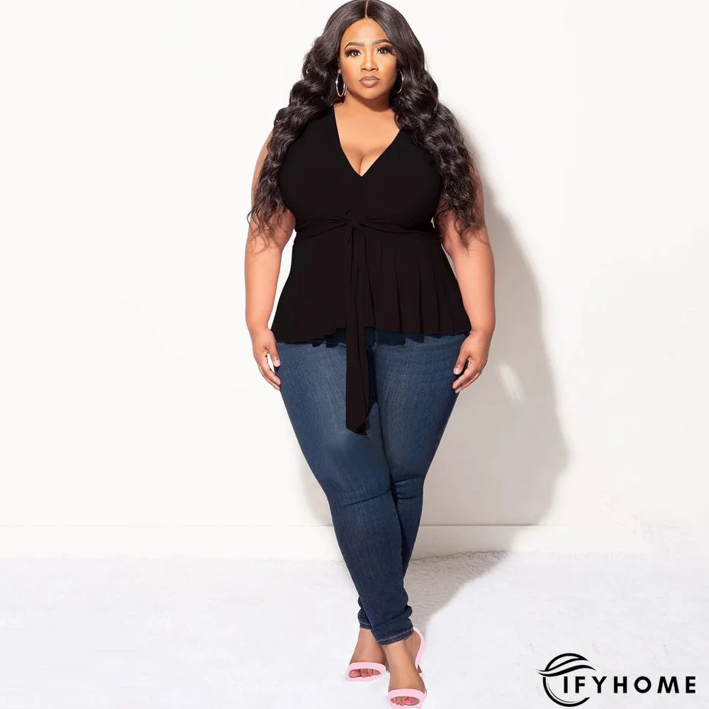 Solid Color V Neck Sleeveless Tie Fashion Summer T-Shirt Top | IFYHOME