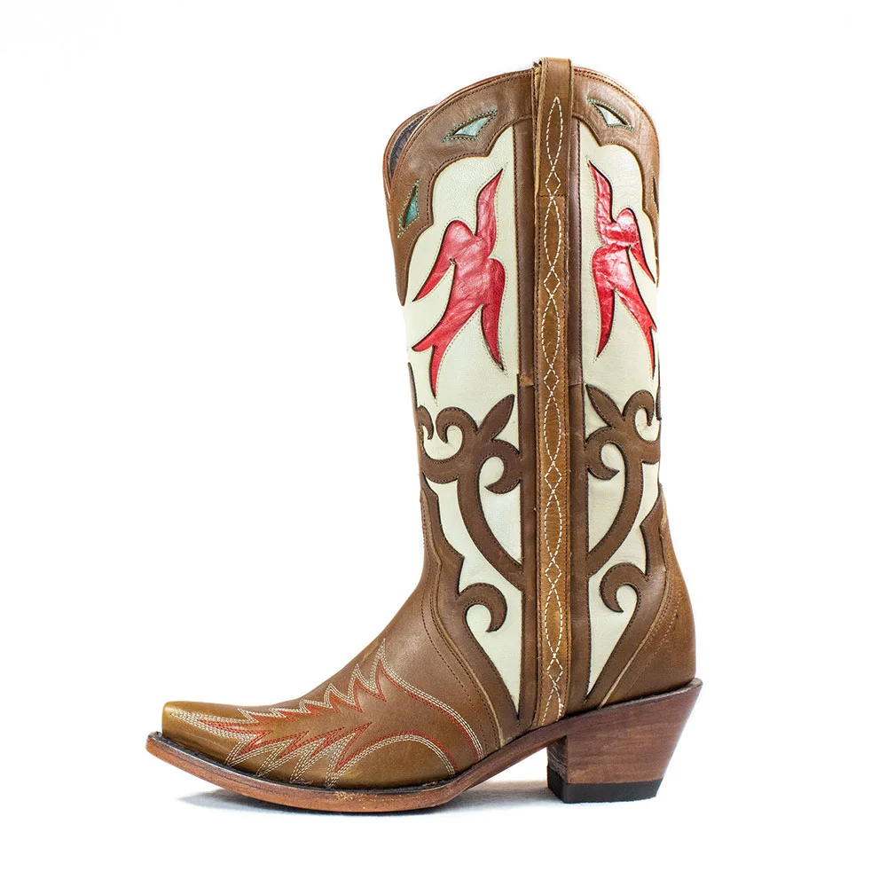 Multicolor Chunky Heel Snip Toe Cowgirl Boots with Decorative Inlay