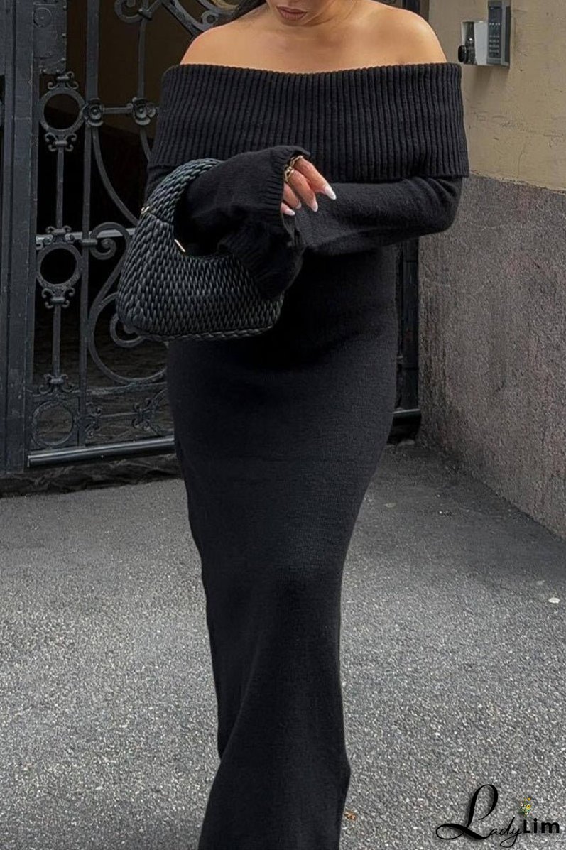 Sexy Solid Hollowed Out Slit Off the Shoulder Long Sleeve Dresses
