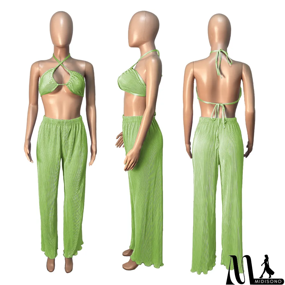 MidiSono - Fall Solid Color Wide Leg Pants Three-Piece Set