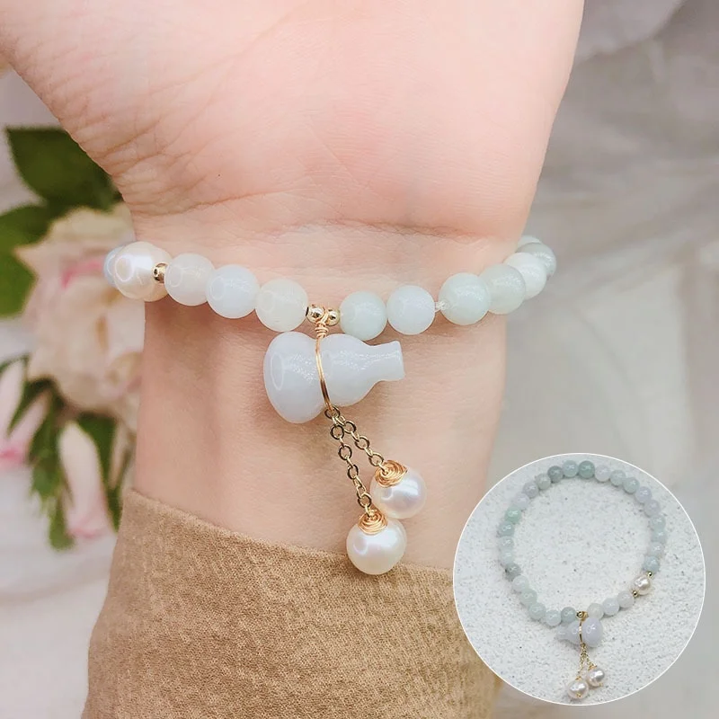 Natural Jade and Freshwater Pearl Beaded Strand Bracelet with Vintage Lucky Gourd Pendant - Fine Jewelry for Women