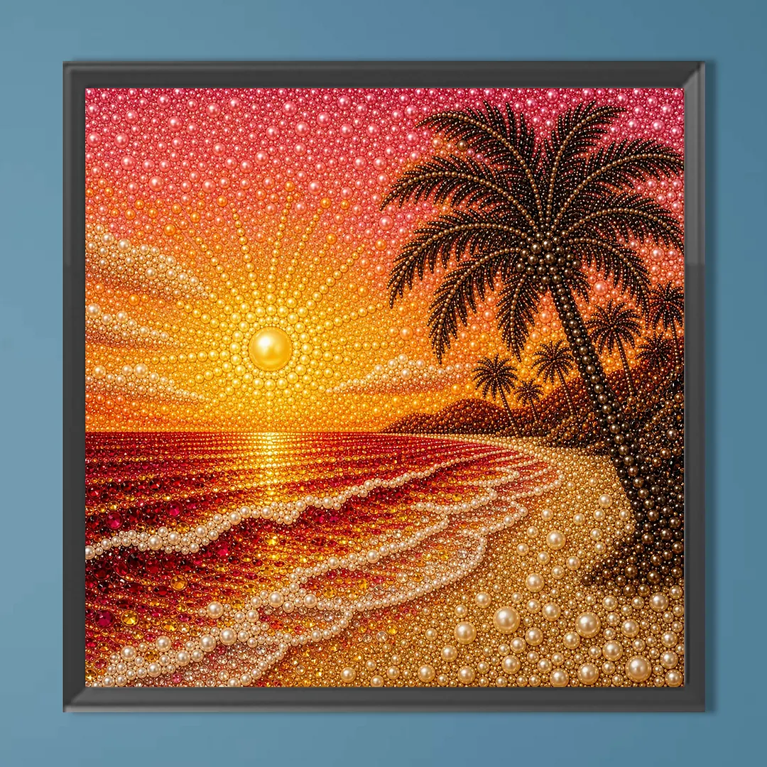 Sunset Beach Pearl Full DIY 5D Round Drill Gem Art Diamond Painting Kits 15.75x15.75 in Diamond Dots Paintings Picture Arts Craft Diamond Art Kits for Adults Beginner Home Wall Decor