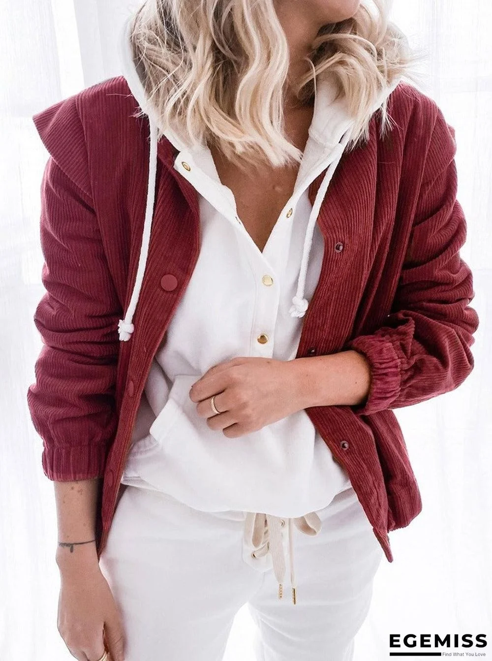 Casual Solid Color Corduroy Loose Long-sleeved Stand-up Collar Coat | EGEMISS