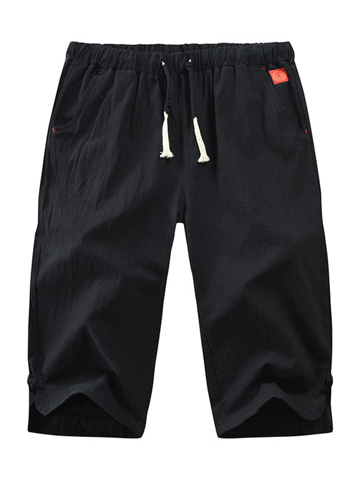 Summer New Men's Casual Solid Color Plus Size Seven-minute Pants Cotton Linen Tie Leg Buckle Casual Men's Pants