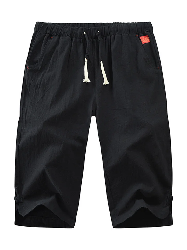 Summer New Men's Casual Solid Color Plus Size Seven-minute Pants Cotton Linen Tie Leg Buckle Casual Men's Pants-Cosfine