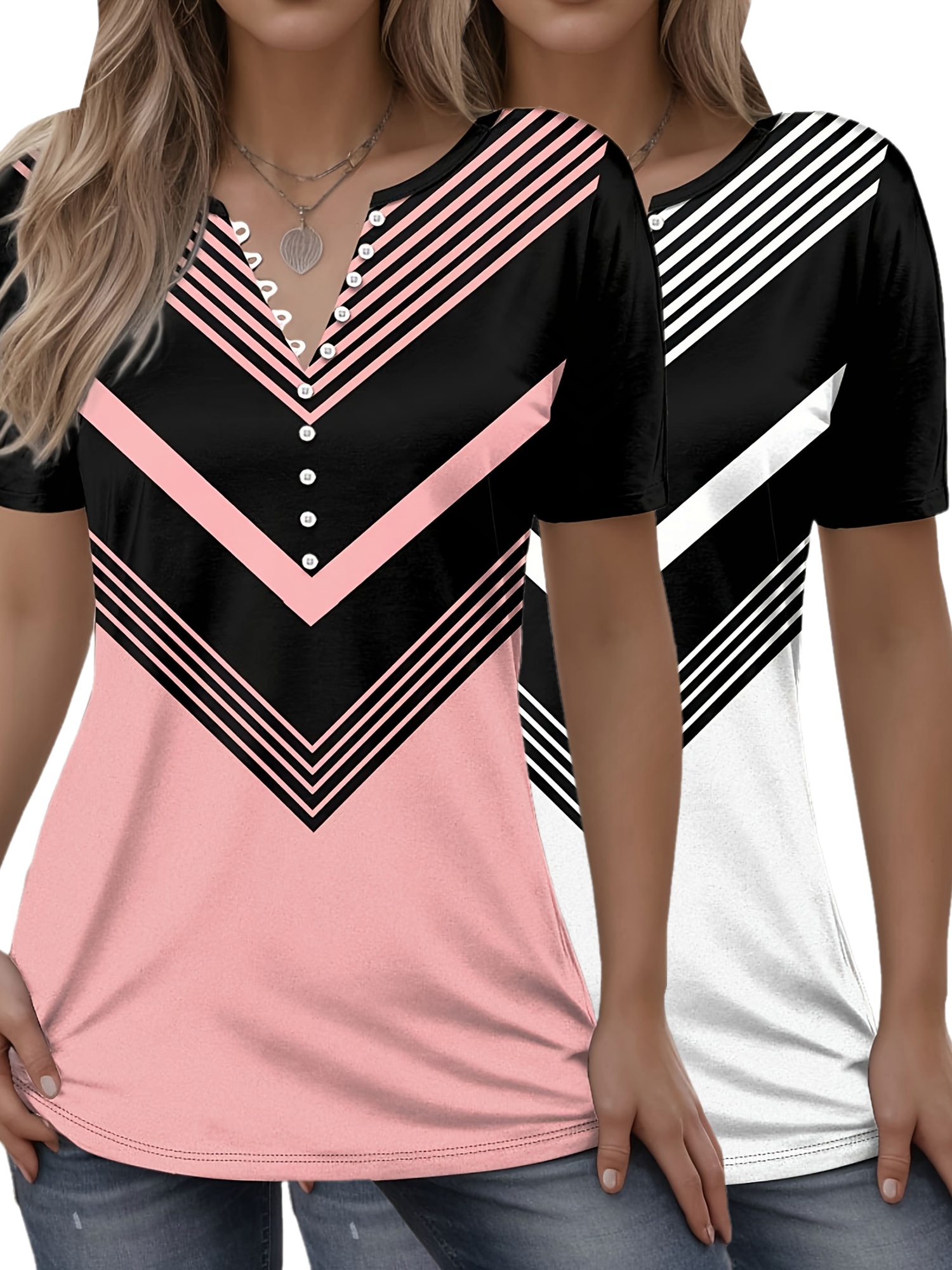 Vibrant Chevron Striped Color Block T-Shirt - Elegant V Neck, Micro Elasticity, Semi-Sheer, Regular Length, Machine Washable, Polyester Fabric - Perfect For Summer, Womens Clothing | IFYHOME
