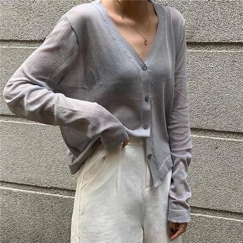 Cardigan Women Korean Long Sleeve Cardigan Summer Cropped Cardigan Knitted V Neck Thin Ice Silk Blouse Sunscreen Shirt 13482