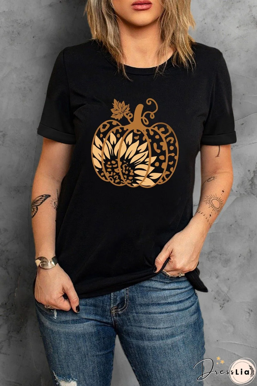 Round Neck Short Sleeve Pumpkin Graphic T-Shirt