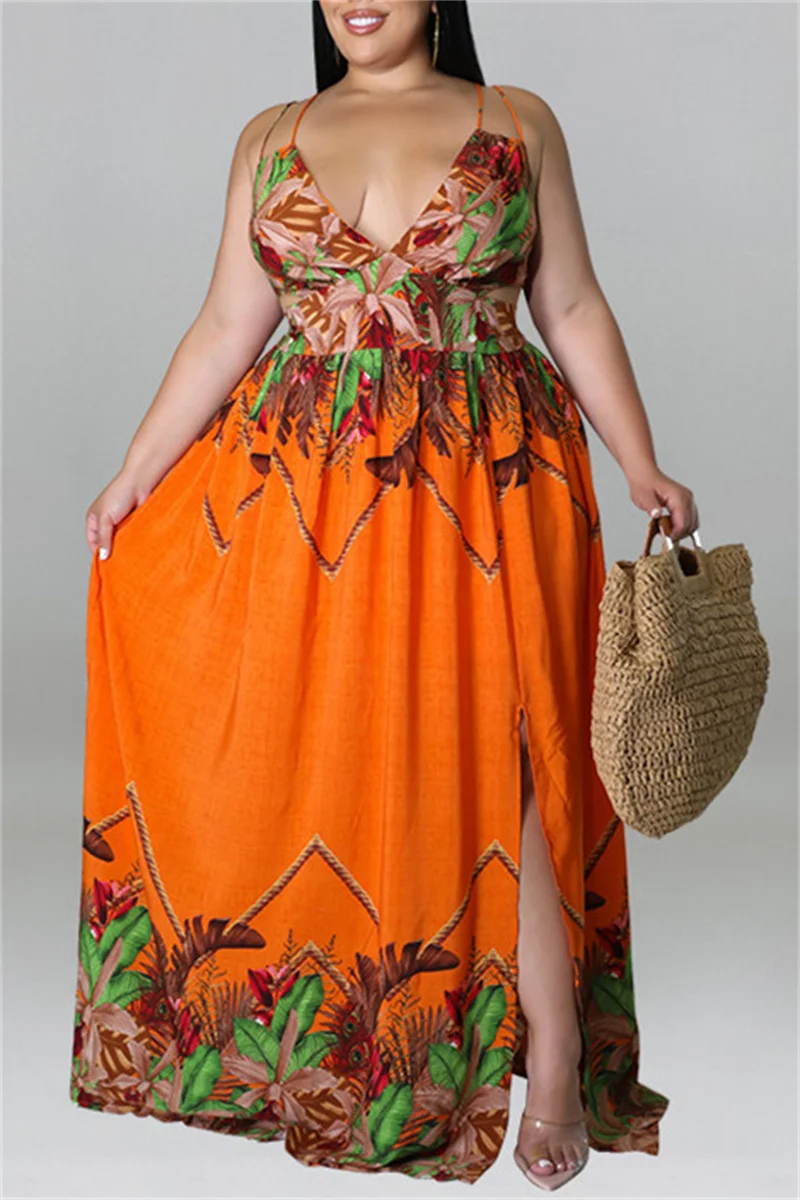 Orange Fashion Sexy Plus Size Print Backless Slit Spaghetti Strap Long Dress | EGEMISS