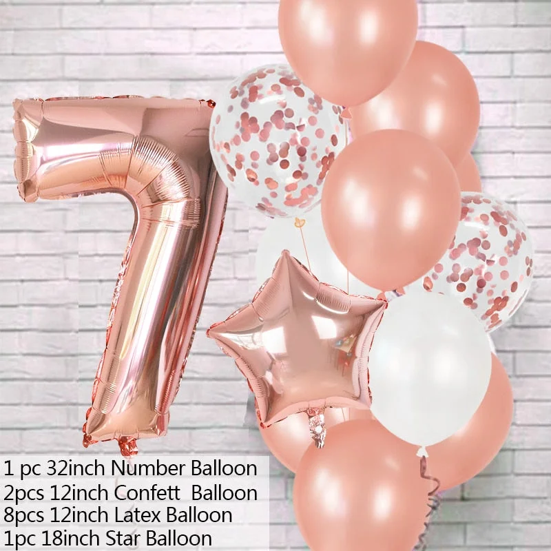12Pcs Rose Gold Number Foil Latex Balloons Kids Adult Birthday Party Decoration 1st Birthday Gril Boy Decor Baby Shower Balloon