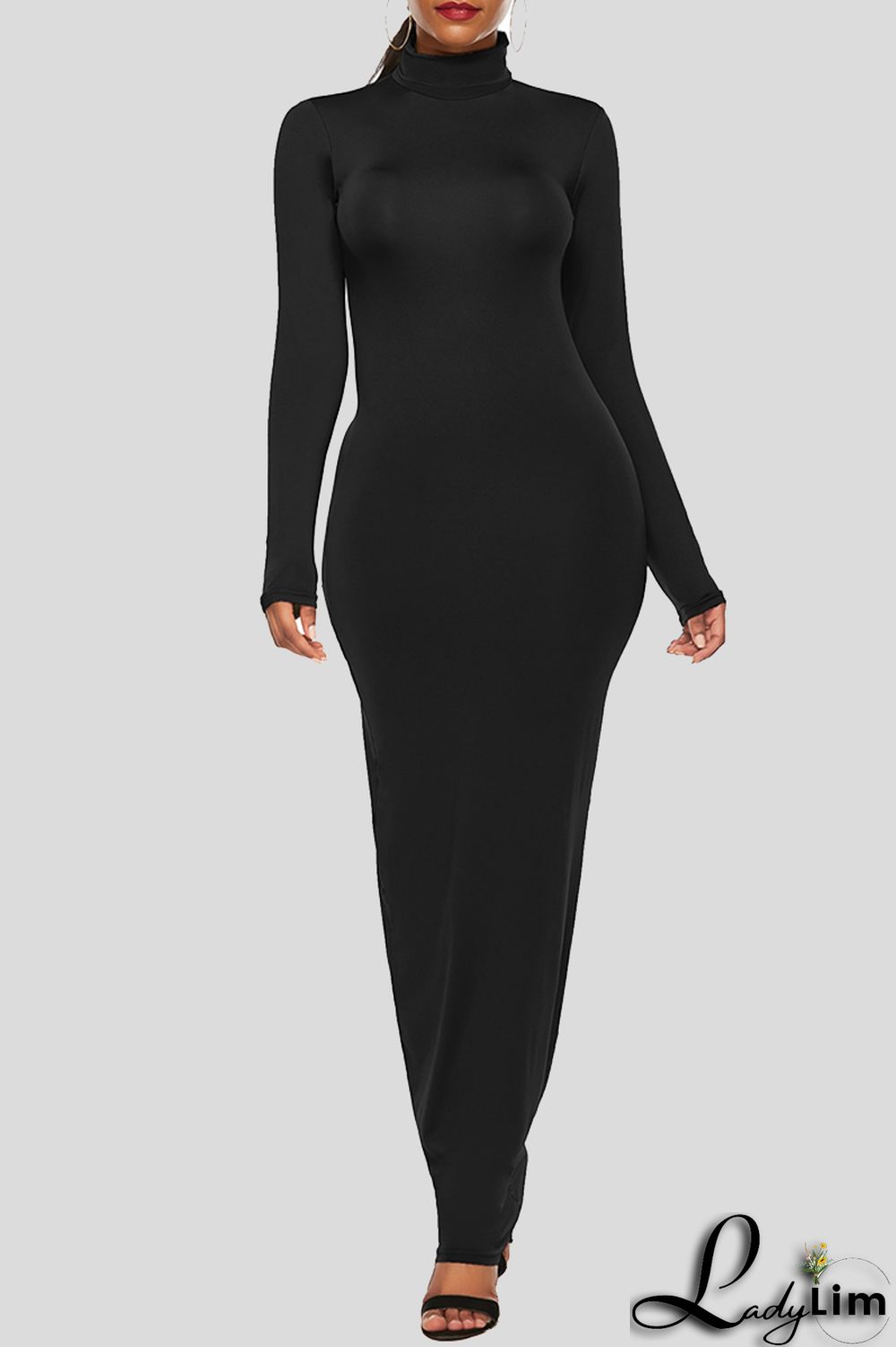 Black Fashion Casual Solid Basic Turtleneck Long Sleeve Dresses
