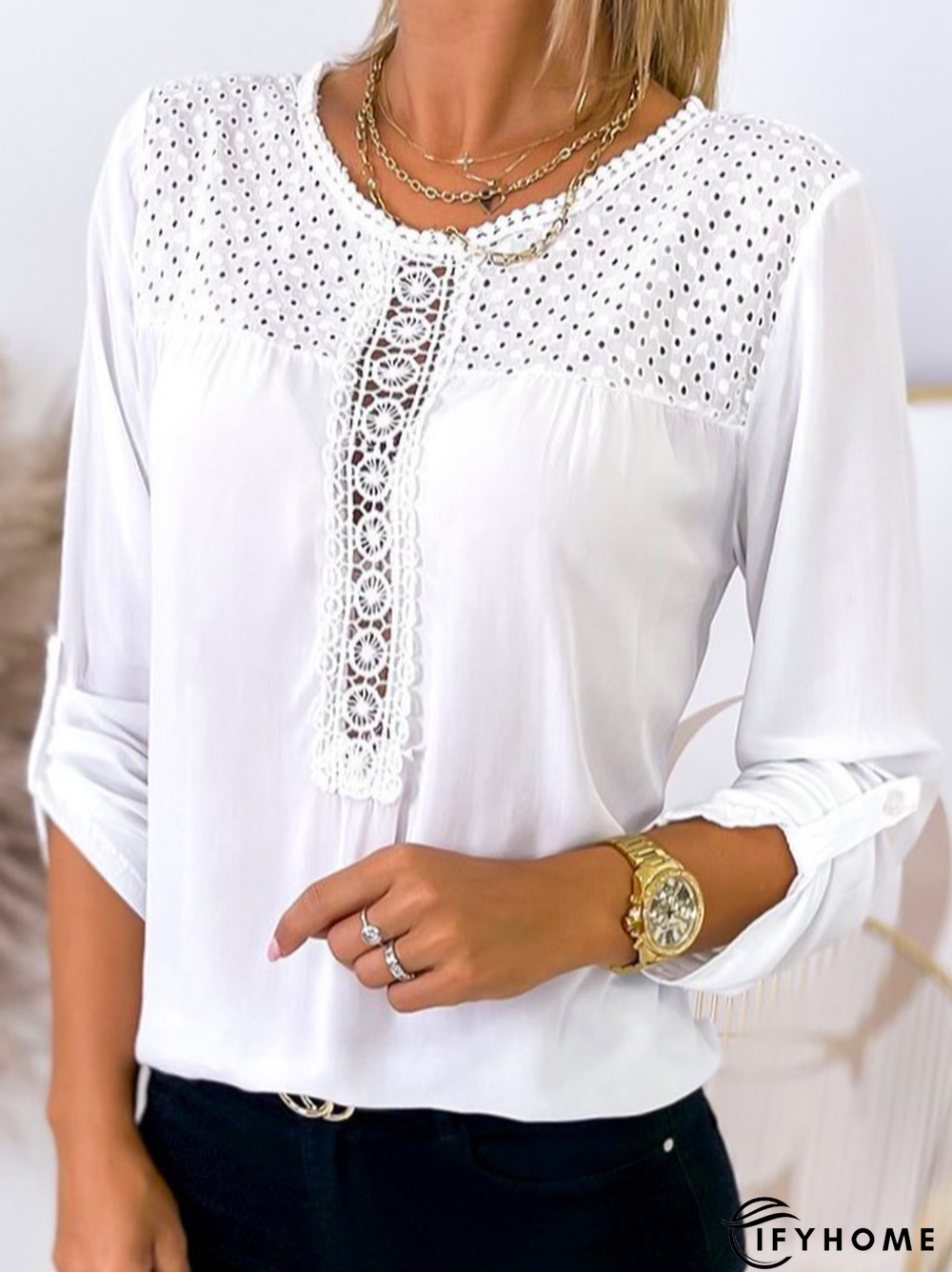 Casual Eyelet Plain Top | IFYHOME