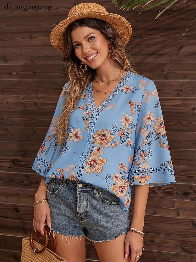 Jangj Casual Boho Loose Print Shirt Blouse Woman 2022 Summer V-neck Lace Patchwork Shirts For Women White Hollow Out Beach Top Femme