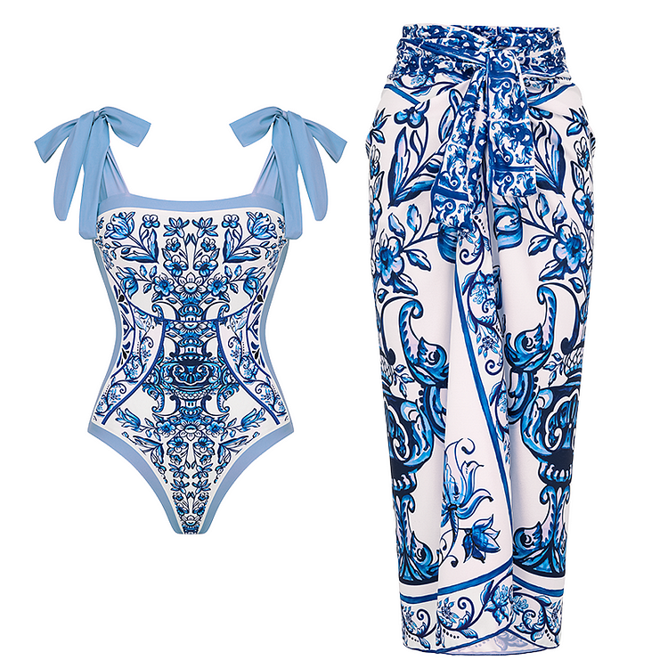 Reversible Tie-shoulder Blue and White Porcelain Pattern Majolica Print One Piece Swimsuit and Skirt or Sarong(Shipped on Jan 15th)