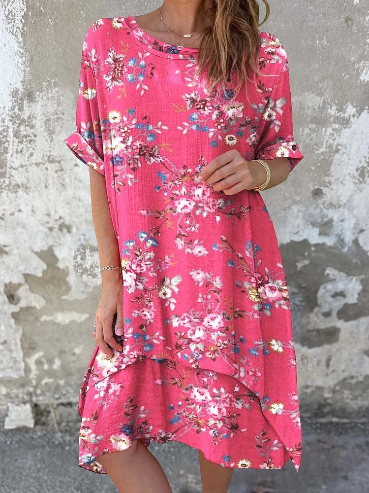 Women's Classic Floral Pattern Round Neck Cotton and Linen Dress