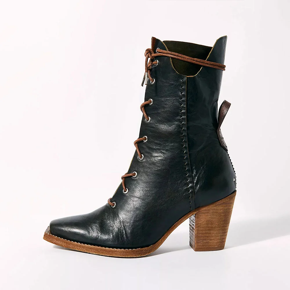 Black Square Toe Zipper Stacked Heel Lace-Up Short Boots for Women