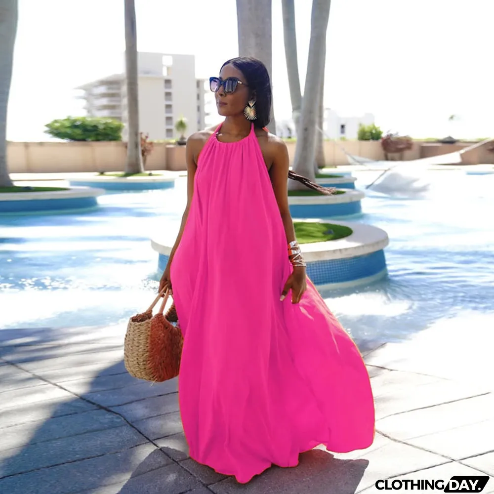 Summer Women's Sleeveless Halter Neck Sexy Low Back Solid Color Maxi Dress