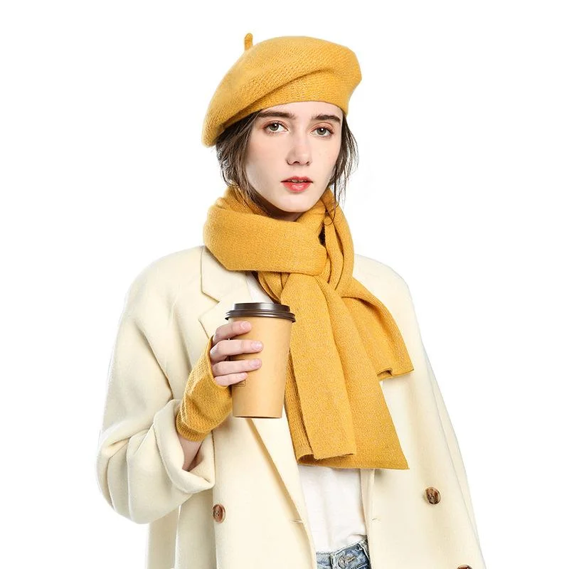 Women's Beret Hats Solid Color Gloves Scarves Three-piece Matching Set