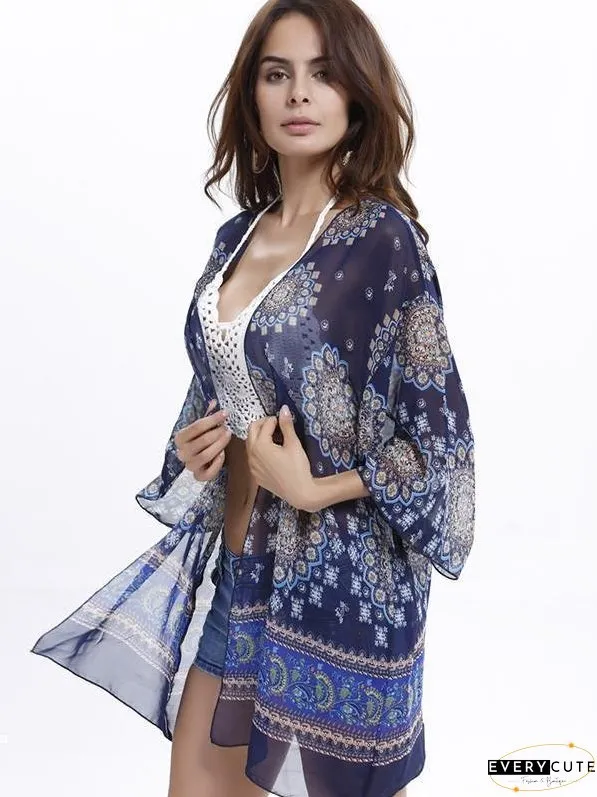 Popular 3/4 Sleeve Printed Shirt Shawl Cover-up Tops