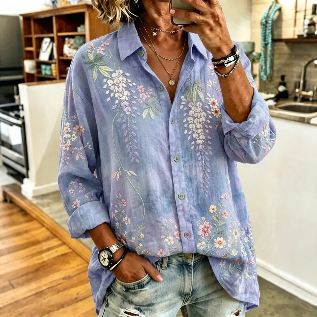 Comstylish Women's Vintage Autumn And Winter Floral Art Print Flowy Linen Blend Long Sleeve Shirts