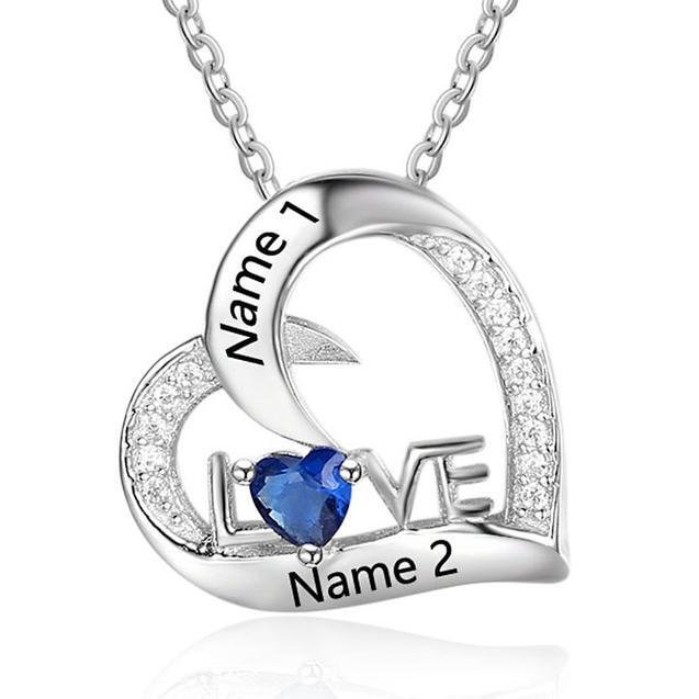 Personalized Necklace with 2 Name and 1 Birthstone Love
