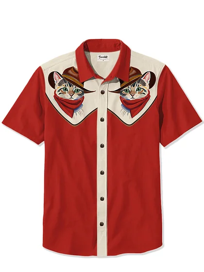 Men'S Western Cowboy Print Short Sleeve Cotton-blend Pleated