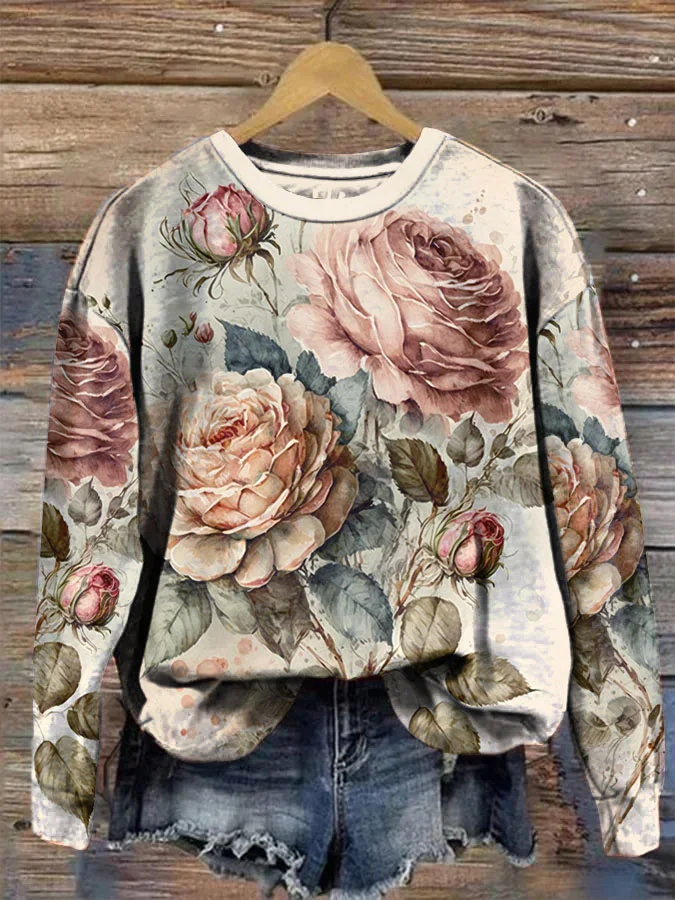 Retro Chic Rose Print Long Sleeve Crew Neck Sweatshirt​