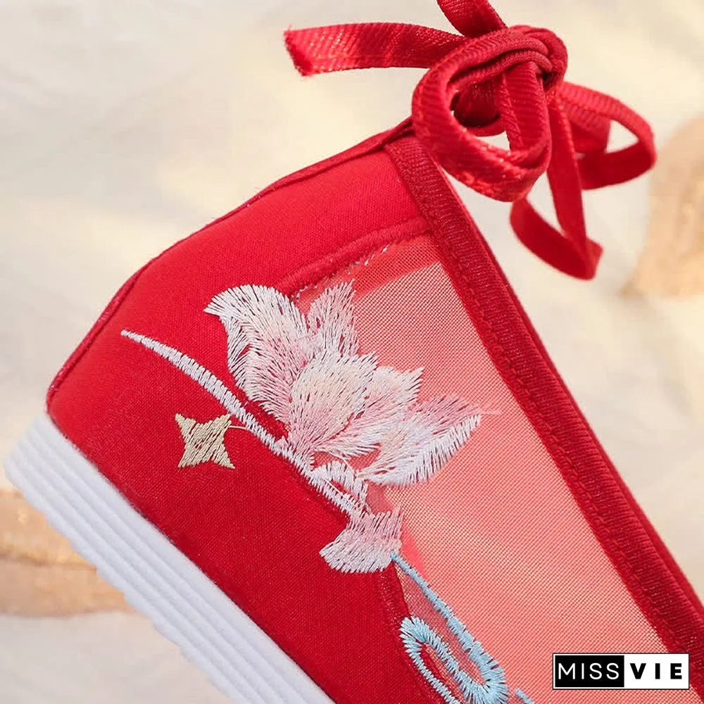 Vintage Lotus Moon Embroidery Pearl Lace Up Flats Shoes