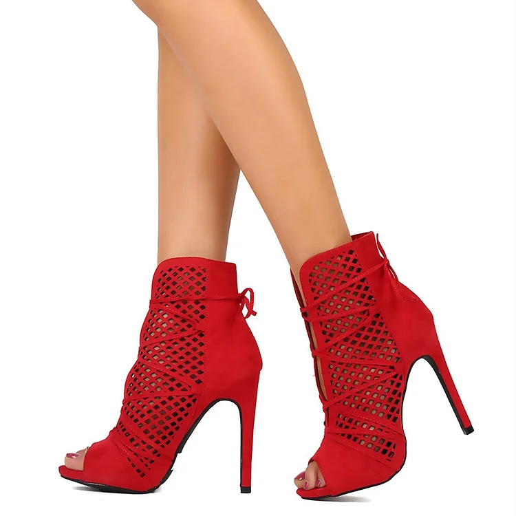 Red Peep Toe Booties Hollow Out Lace-Up Vegan Suede Ankle Boots |FSJ Shoes