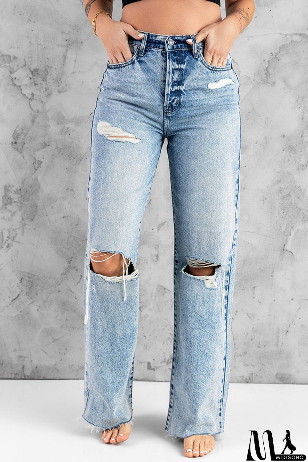 MidiSono - Distressed Hollow-out Knees Wide Leg Jeans