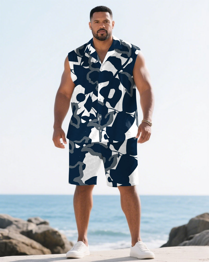 Hawaiian Men's Plus Size-White Art Geometric Fashion Print Waistline Shirt Shorts Suit