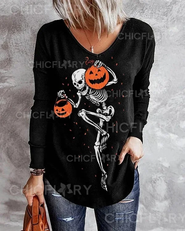 Halloween Skull V-Neck Print Party Long Sleeve Top