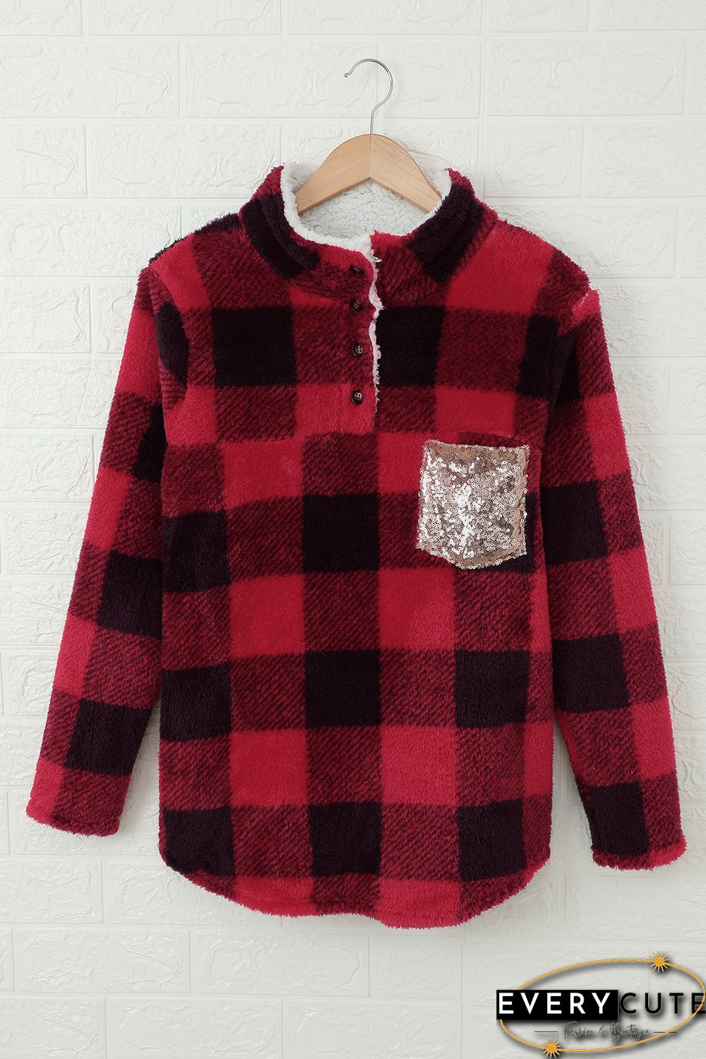 Red Plaid Sherpa Fleece Sweatshirt with Sequin Pocket