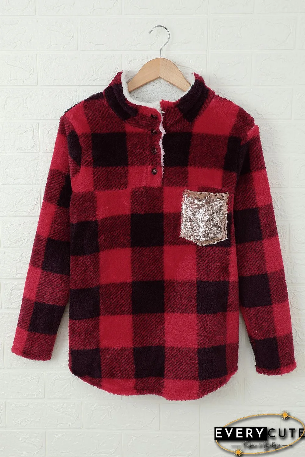 Red Plaid Sherpa Fleece Sweatshirt with Sequin Pocket