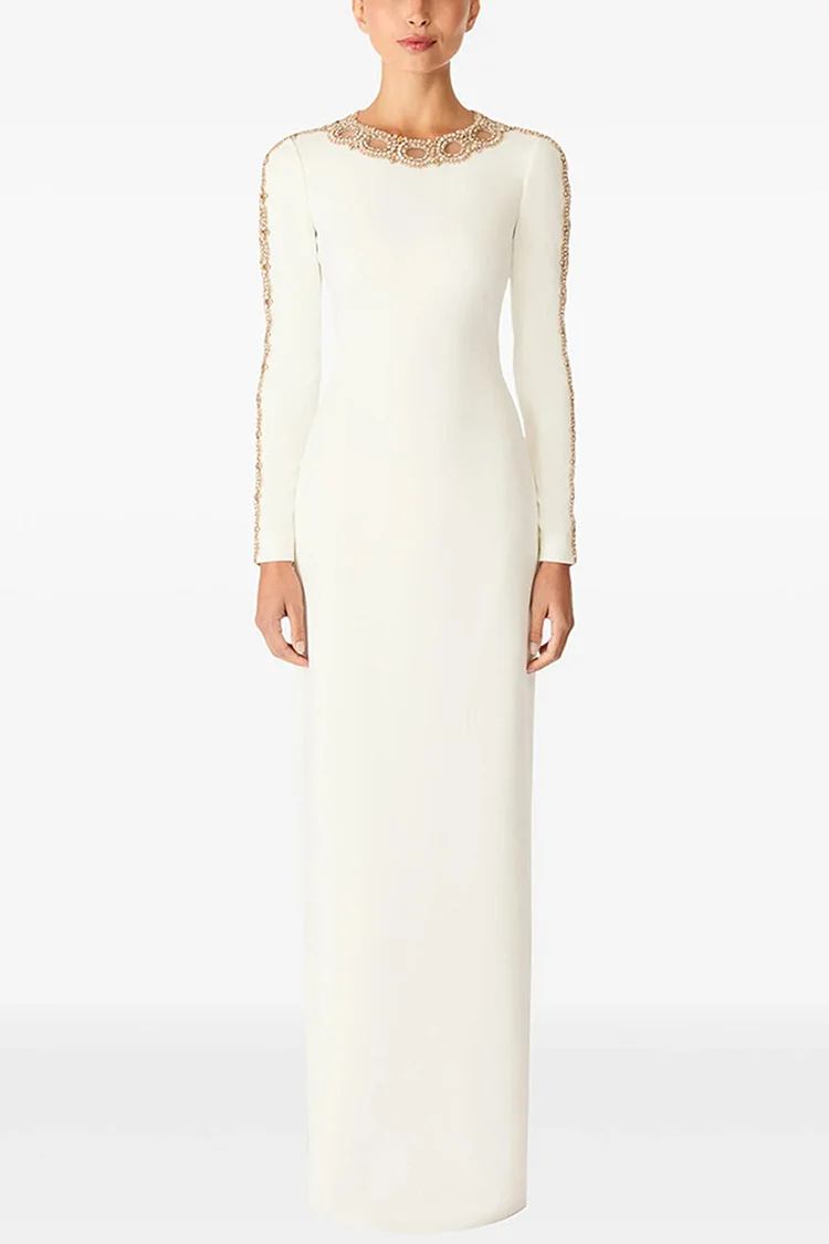 Mesh Silver Rhinestone Hollow Out Maxi Dress-White