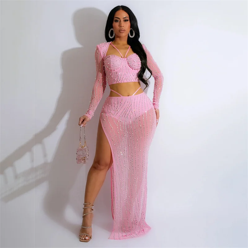 Women's Sexy Sequins Diamonds Wrap Bust T-Shirt & Split Hem Floor- Length Skirt 2 Piece Sets Party Suits