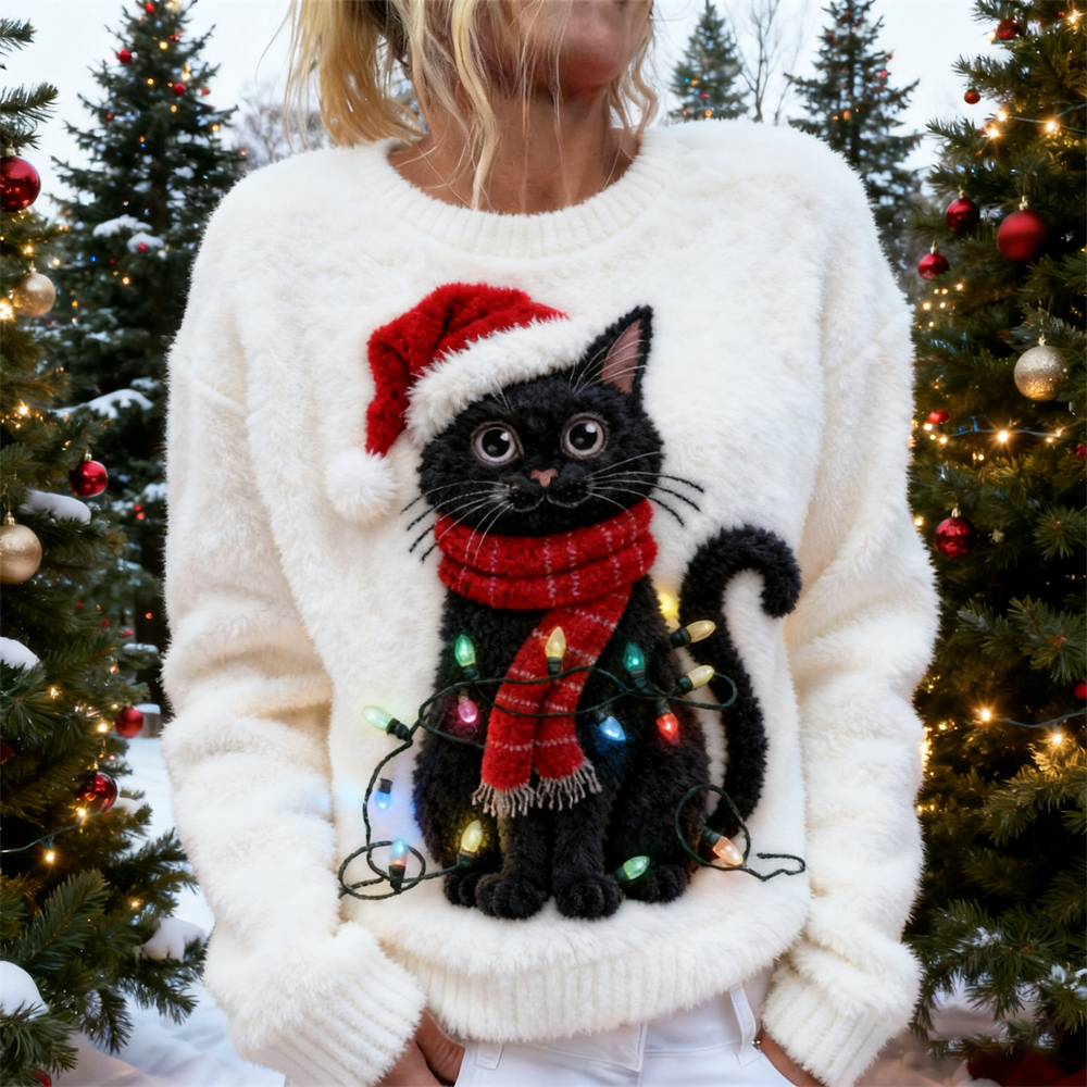 Christmas Lights Cat Women's Soft Plush Sweater elevenforest