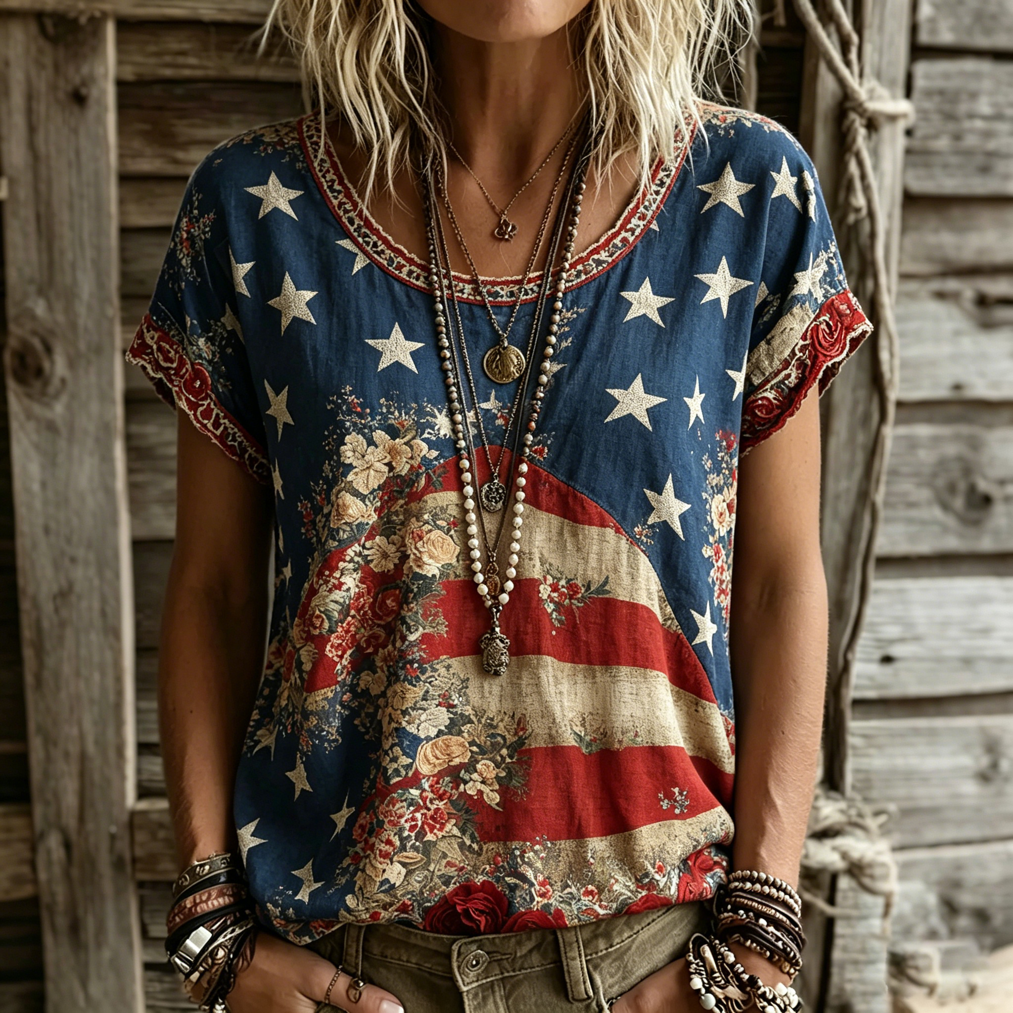  Women's Usa Inspired Floral Linen Blend T-shirt Westsshops