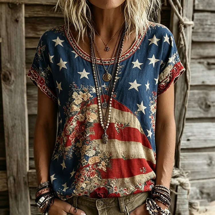 Women's Usa Inspired Floral Linen Blend T-shirt