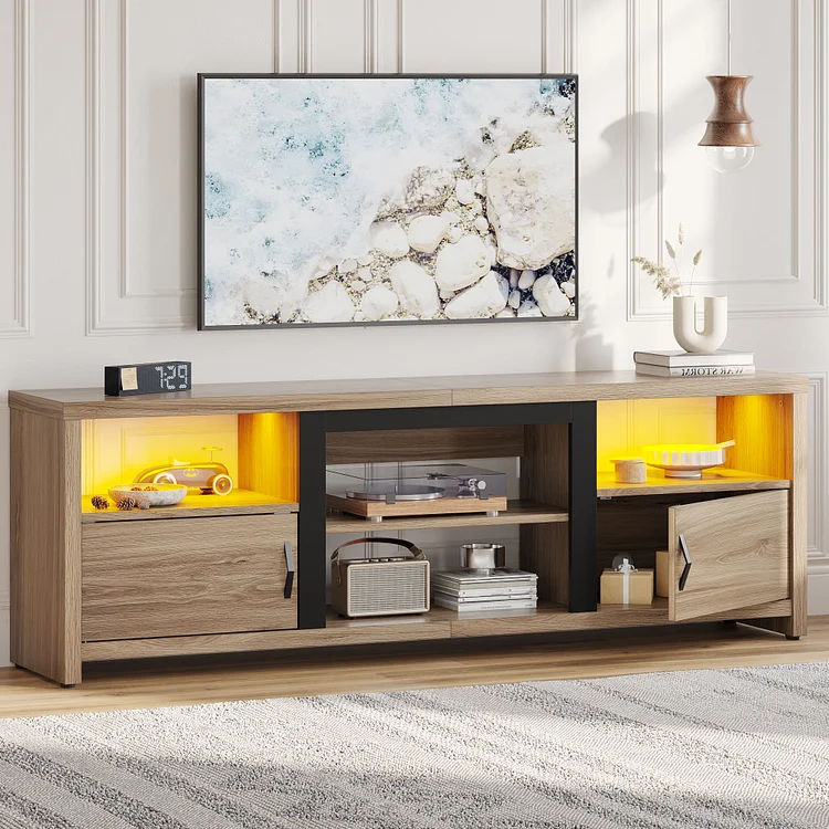 Bestier Modern LED TV Stand for up to 80 Inch TV with Open Cubes and Cabinets, Pinewood