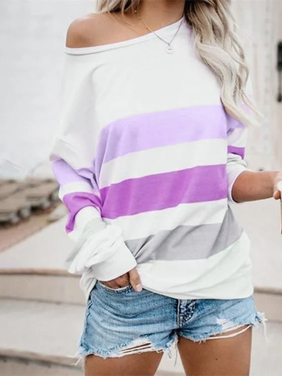 Women's Long Sleeve Scoop Neck Colorblock Striped Printed Top