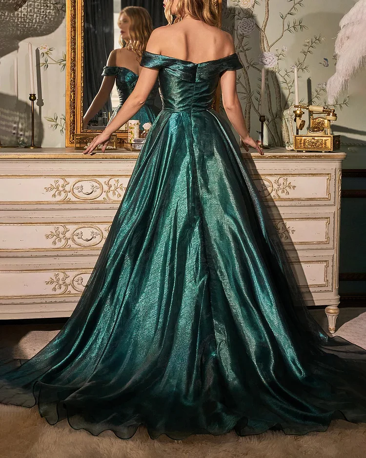 Bright Satin Off-Shoulder A-Line Evening Gown