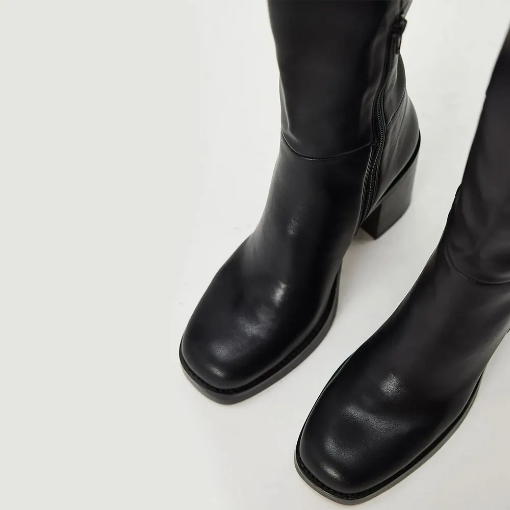 Black Square Toe Platform Chunky High Heel Long Boots for Women