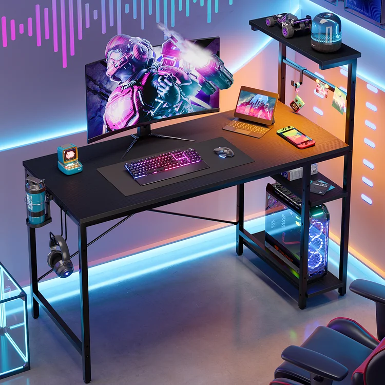 Bestier 44 inch Gaming Desk with Led Lights Reversible Computer Desk with Storage Shelves in Black