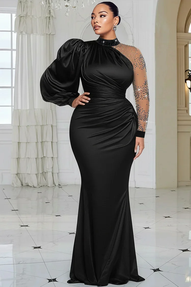 Xpluswear Design Plus Size Formal Blue Mock Neck Lantern Sleeve Long Sleeve Drilling Elegant See Through Tulle Satin Maxi Dresses 2024 - Xpluswear