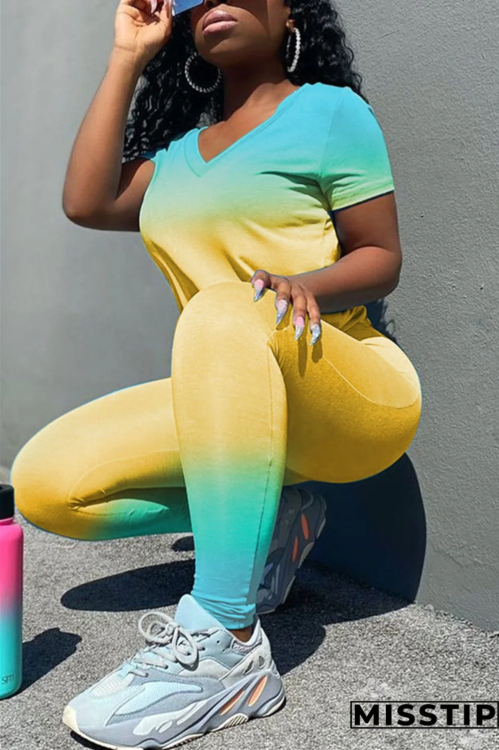 Blue Fashion Gradient Printed T-shirt Trousers Set